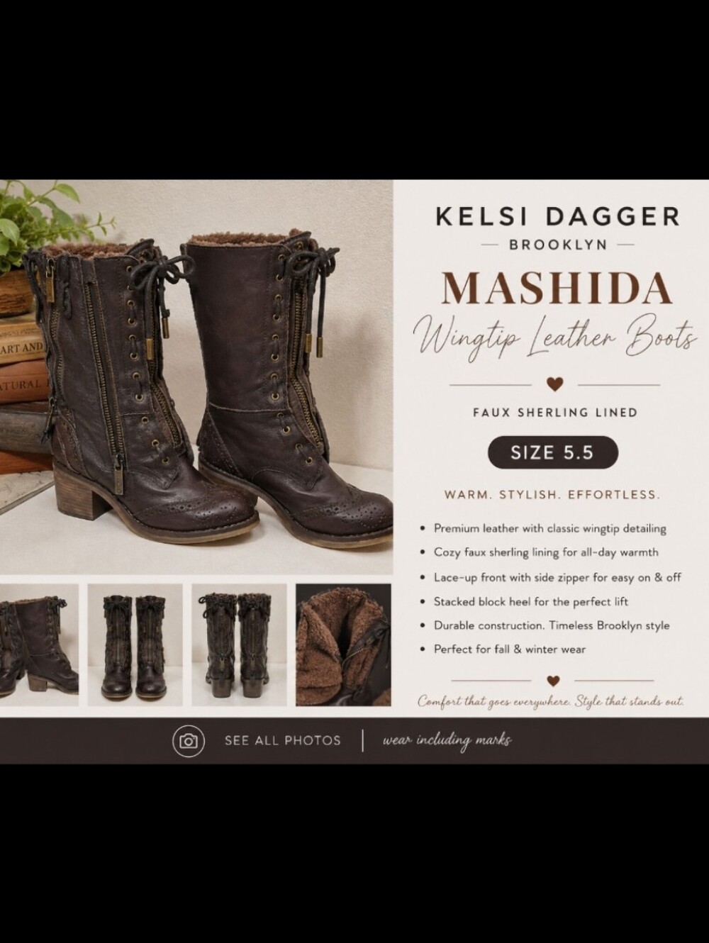KELSI DAGGER Brooklyn Mashida Wingtip Leather Faux Sherling Lined Boots 5.5